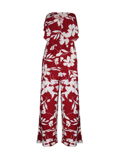 Playsuits- Floral Wide-Leg Strapless Jumpsuit | Tube Top Pantsuit- - IndioGear Fashion and Gear