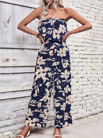 Playsuits- Floral Wide-Leg Strapless Jumpsuit | Tube Top Pantsuit- - IndioGear Fashion and Gear