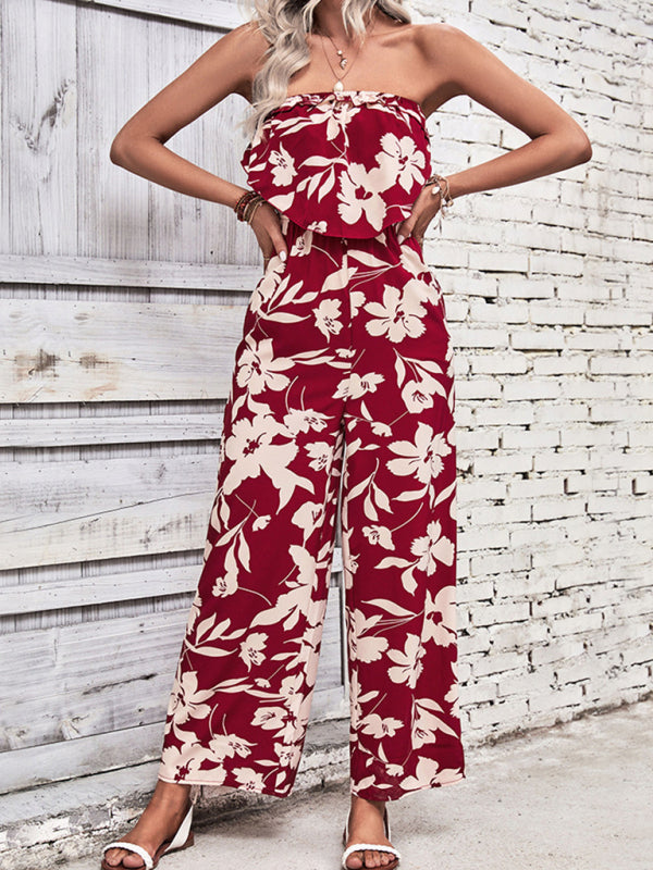 Playsuits- Floral Wide-Leg Strapless Jumpsuit | Tube Top Pantsuit- - IndioGear Fashion and Gear