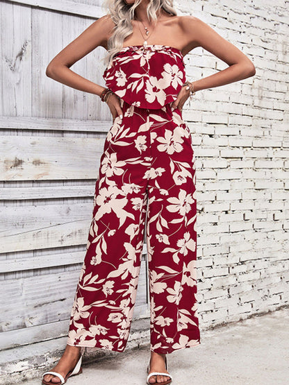 Playsuits- Floral Wide-Leg Strapless Jumpsuit | Tube Top Pantsuit- Wine Red- IndioGear Fashion and Gear