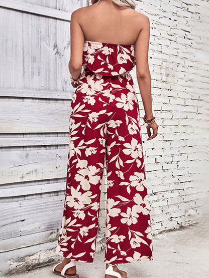 Playsuits- Floral Wide-Leg Strapless Jumpsuit | Tube Top Pantsuit- - IndioGear Fashion and Gear