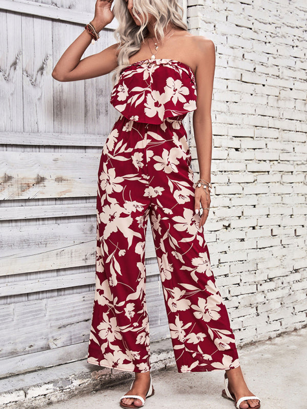 Playsuits- Floral Wide-Leg Strapless Jumpsuit | Tube Top Pantsuit- - IndioGear Fashion and Gear