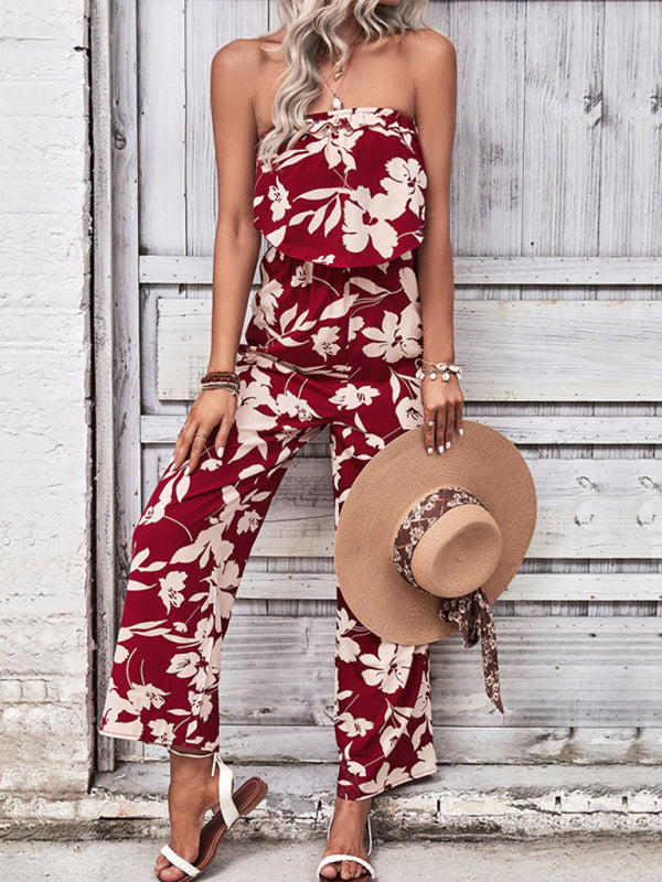 Playsuits- Floral Wide-Leg Strapless Jumpsuit | Tube Top Pantsuit- - IndioGear Fashion and Gear