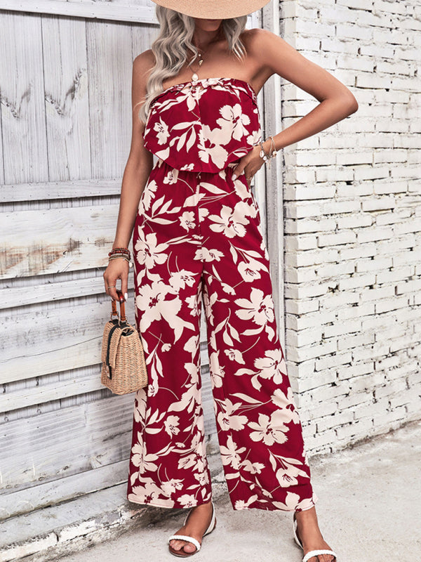 Playsuits- Floral Wide-Leg Strapless Jumpsuit | Tube Top Pantsuit- - IndioGear Fashion and Gear