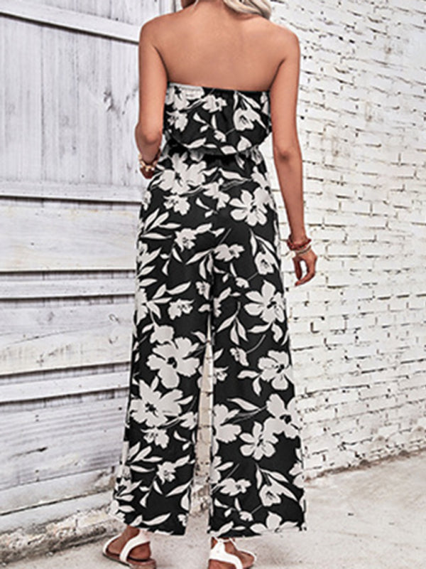 Playsuits- Floral Wide-Leg Strapless Jumpsuit | Tube Top Pantsuit- - IndioGear Fashion and Gear