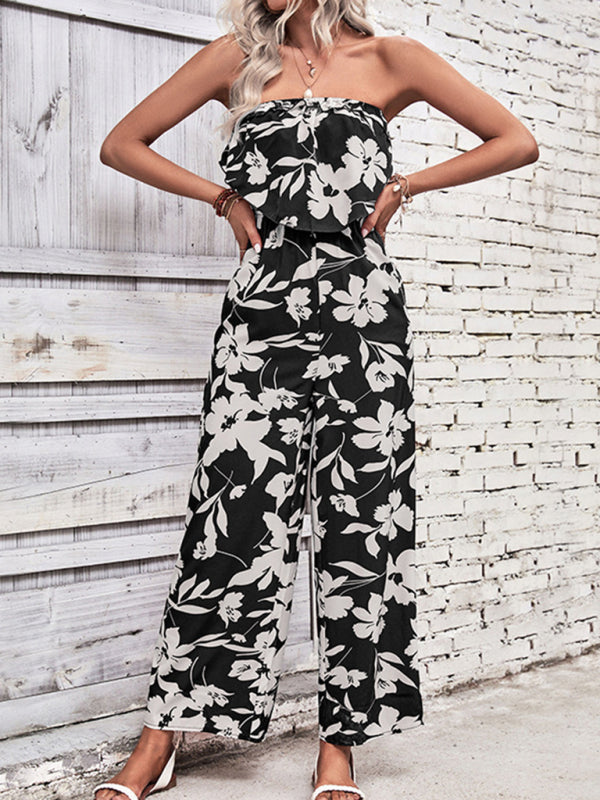 Playsuits- Floral Wide-Leg Strapless Jumpsuit | Tube Top Pantsuit- - IndioGear Fashion and Gear