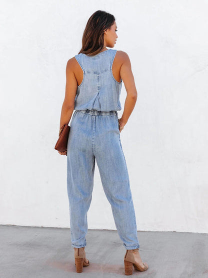 Playsuits- Gathered Waist Sleeveless Jumpsuit | Washed Denim Jeans Pencil Playsuit- - IndioGear Fashion and Gear