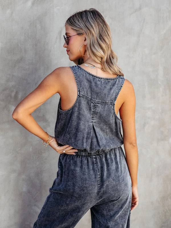 Playsuits- Gathered Waist Sleeveless Jumpsuit | Washed Denim Jeans Pencil Playsuit- - IndioGear Fashion and Gear