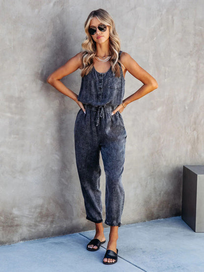 Playsuits- Gathered Waist Sleeveless Jumpsuit | Washed Denim Jeans Pencil Playsuit- - IndioGear Fashion and Gear