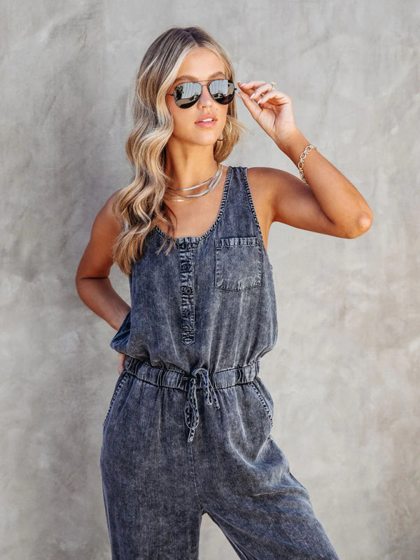 Playsuits- Gathered Waist Sleeveless Jumpsuit | Washed Denim Jeans Pencil Playsuit- - IndioGear Fashion and Gear