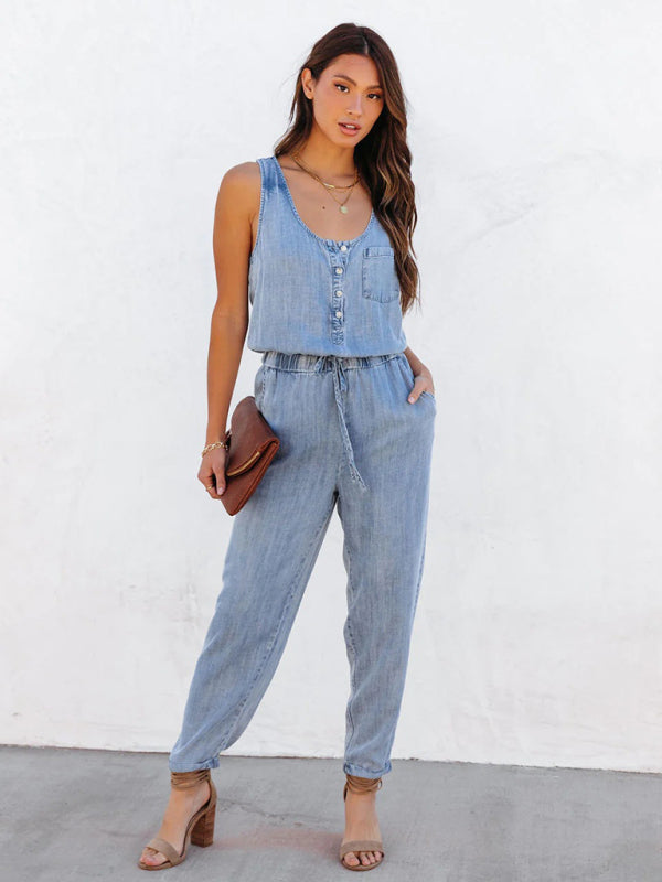 Playsuits- Gathered Waist Sleeveless Jumpsuit | Washed Denim Jeans Pencil Playsuit- - IndioGear Fashion and Gear