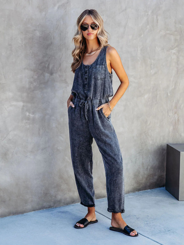 Playsuits- Gathered Waist Sleeveless Jumpsuit | Washed Denim Jeans Pencil Playsuit- Black- IndioGear Fashion and Gear