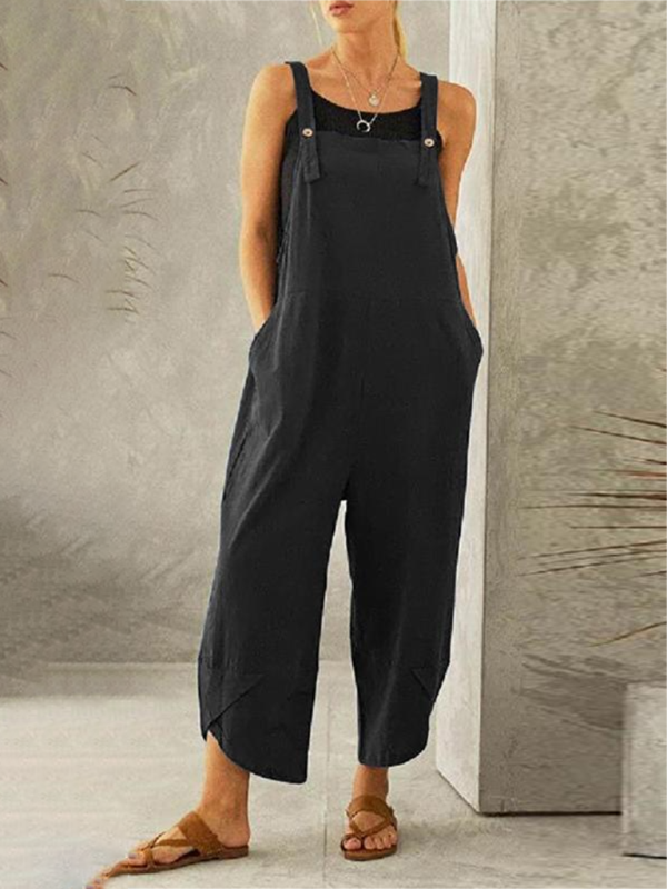 Playsuits- Playsuit in Solid Cotton Baggy Bib Overalls with Pockets- Black- IndioGear Fashion and Gear