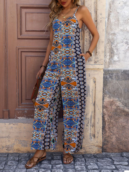 Playsuits- Women's Paisley Print Wide-Leg Jumpsuit with Handy Pockets - Cami Playsuit- - IndioGear Fashion and Gear