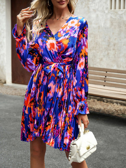 Pleated Dresses- Abstract Print Pleated Dress: V Neck, Ruffle Cuffs, Belted Design!- Blue- Pekosa Women Clothing