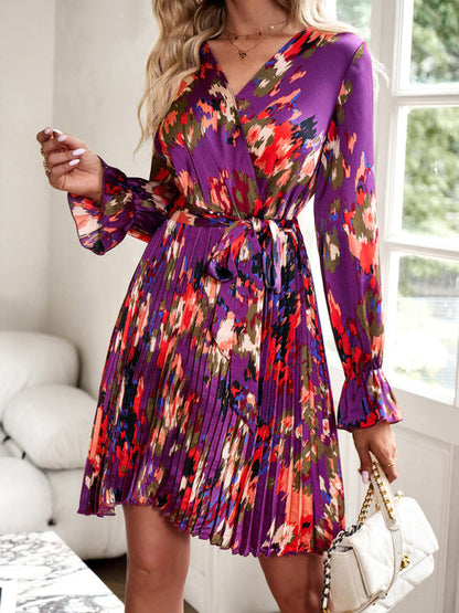 Pleated Dresses- Abstract Print Pleated Dress: V Neck, Ruffle Cuffs, Belted Design!- Purple- Pekosa Women Clothing