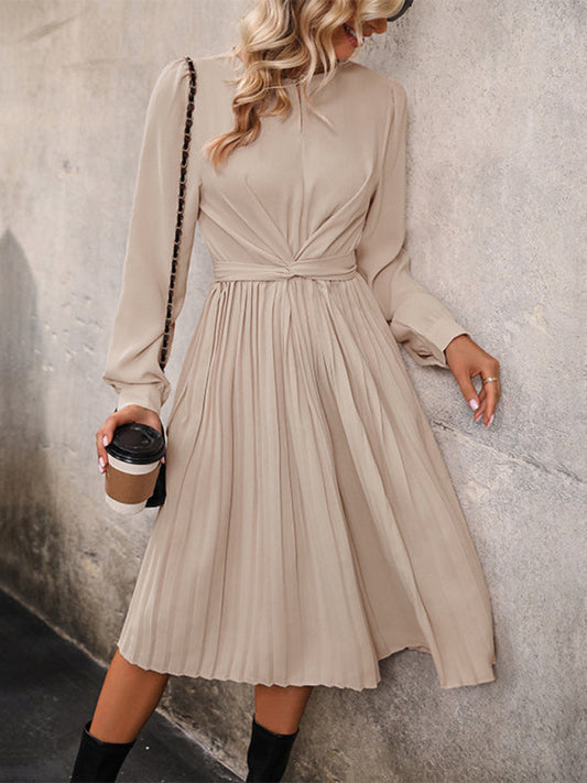 Pleated Dresses- Autumn Essential: Crew Neck Midi Dress with Pleated Skirt- Cracker khaki- IndioGear Clothing and Gear