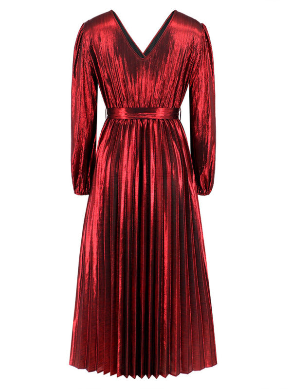 Pleated Dresses- Cocktail Glossy Satin Surplice Neck Pleated Belt-Tie Open Back Dress- - IndioGear Clothing and Gear