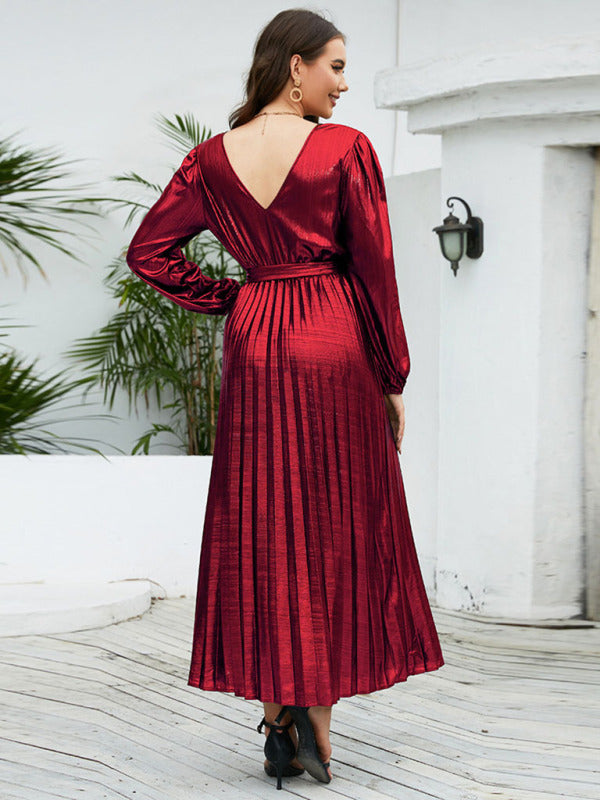 Pleated Dresses- Cocktail Glossy Satin Surplice Neck Pleated Belt-Tie Open Back Dress- - IndioGear Clothing and Gear