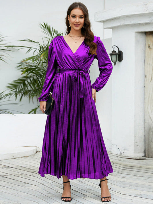 Pleated Dresses- Cocktail Glossy Satin Surplice Neck Pleated Belt-Tie Open Back Dress- Purple- IndioGear Clothing and Gear