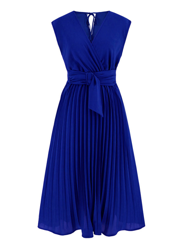 Pleated Dresses- Cocktail Party Belted V-Neck Tea Dress- - IndioGear Clothing and Gear