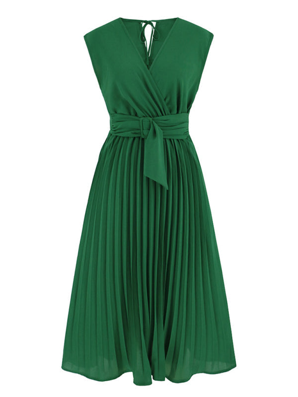 Pleated Dresses- Cocktail Party Belted V-Neck Tea Dress- - IndioGear Clothing and Gear