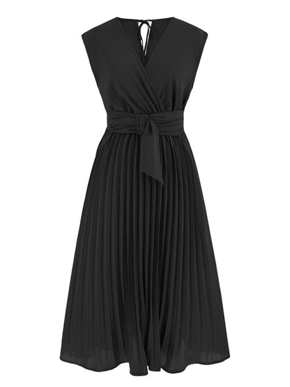 Pleated Dresses- Cocktail Party Belted V-Neck Tea Dress- - IndioGear Clothing and Gear