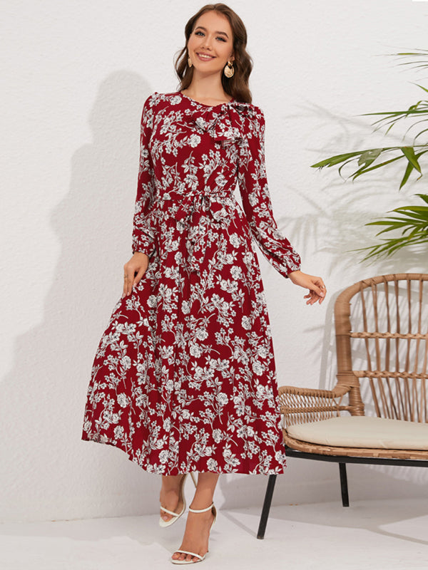 Pleated Dresses- Fall Floral Pleated Belt-Tie Bow Midi Dress- - IndioGear Clothing and Gear