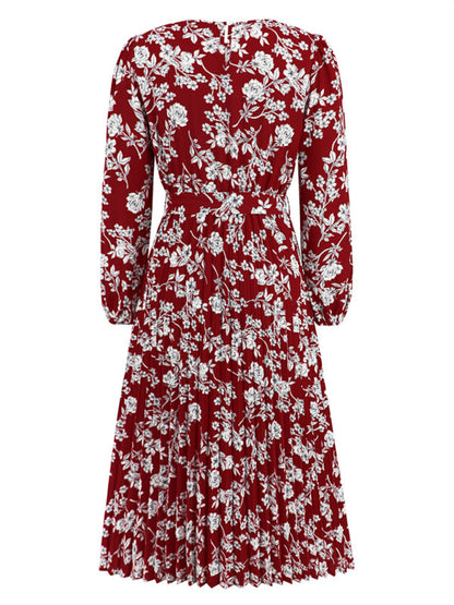 Pleated Dresses- Fall Floral Pleated Belt-Tie Bow Midi Dress- - IndioGear Clothing and Gear