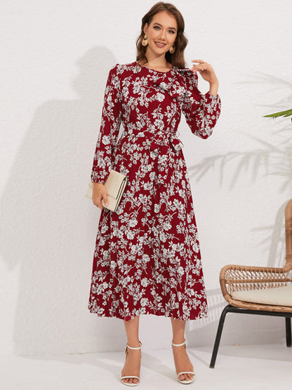 Pleated Dresses- Fall Floral Pleated Belt-Tie Bow Midi Dress- Wine Red- IndioGear Clothing and Gear