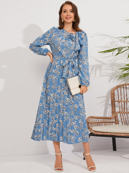 Pleated Dresses- Fall Floral Pleated Belt-Tie Bow Midi Dress- Blue- IndioGear Clothing and Gear