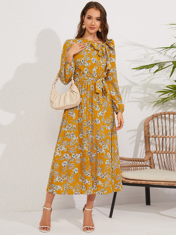 Pleated Dresses- Fall Floral Pleated Belt-Tie Bow Midi Dress- Yellow- IndioGear Clothing and Gear