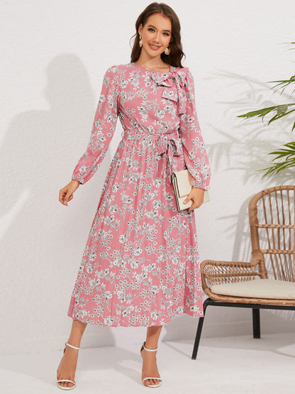 Pleated Dresses- Fall Floral Pleated Belt-Tie Bow Midi Dress- Pink- IndioGear Clothing and Gear