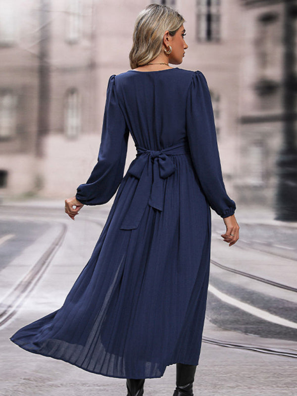 Pleated Dresses- Fall/Winter Bowknot Back V Neck Pleated Dress- - IndioGear Fashion and Gear