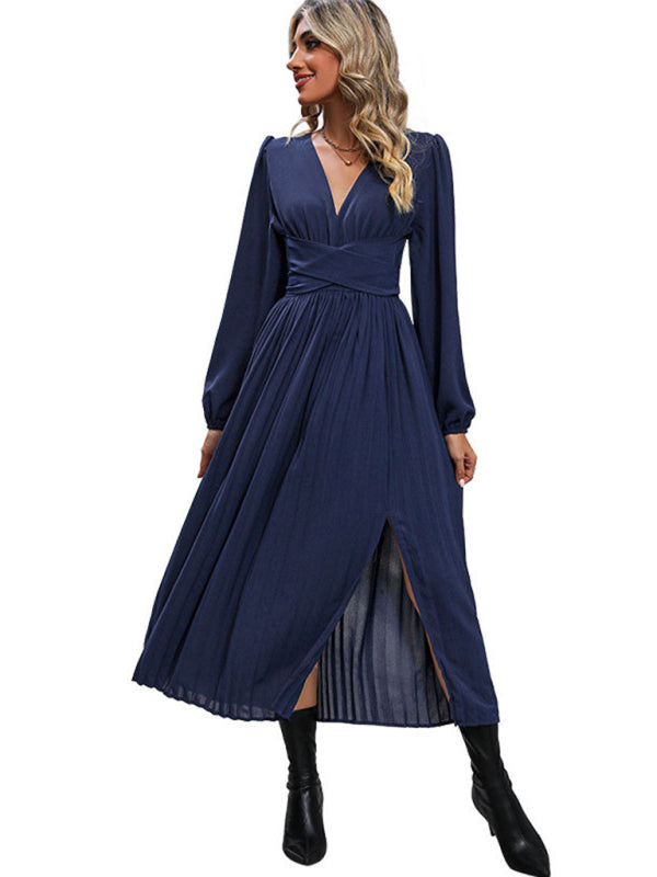 Pleated Dresses- Fall/Winter Bowknot Back V Neck Pleated Dress- - IndioGear Fashion and Gear