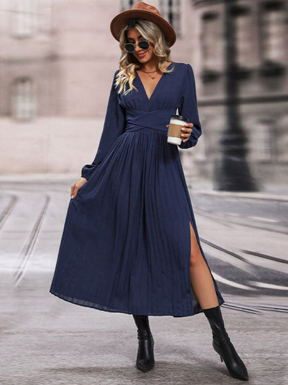 Pleated Dresses- Fall/Winter Bowknot Back V Neck Pleated Dress- - IndioGear Fashion and Gear