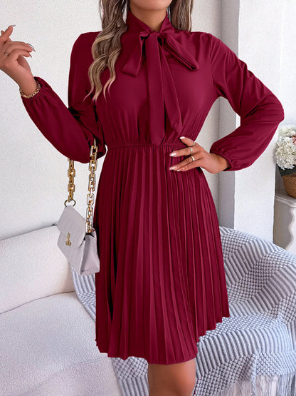 Pleated Dresses- Fall-Winter Solid High Neck Bishop Sleeve Pleated Dress- - IndioGear Fashion and Gear