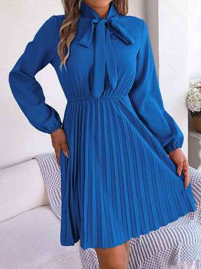 Pleated Dresses- Fall-Winter Solid High Neck Bishop Sleeve Pleated Dress- Royal blue- IndioGear Fashion and Gear