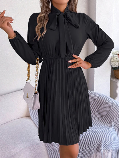 Pleated Dresses- Fall-Winter Solid High Neck Bishop Sleeve Pleated Dress- - IndioGear Fashion and Gear