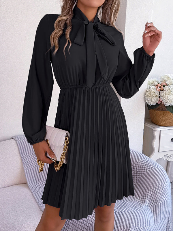 Pleated Dresses- Fall-Winter Solid High Neck Bishop Sleeve Pleated Dress- - IndioGear Fashion and Gear