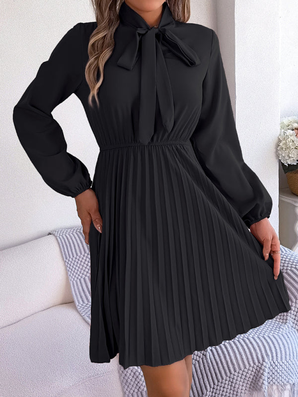 Pleated Dresses- Fall-Winter Solid High Neck Bishop Sleeve Pleated Dress- - IndioGear Fashion and Gear