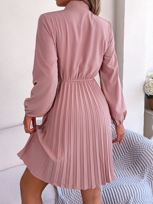 Pleated Dresses- Fall-Winter Solid High Neck Bishop Sleeve Pleated Dress- - IndioGear Fashion and Gear