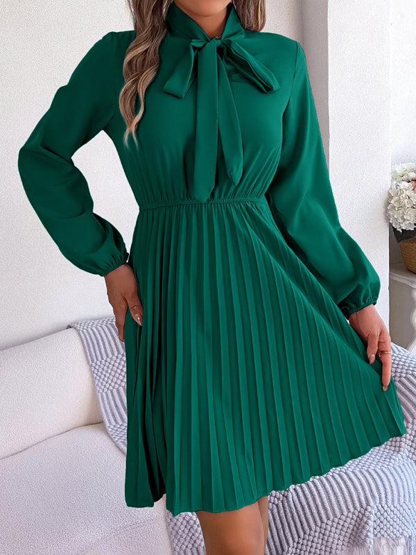 Pleated Dresses- Fall-Winter Solid High Neck Bishop Sleeve Pleated Dress- - IndioGear Fashion and Gear