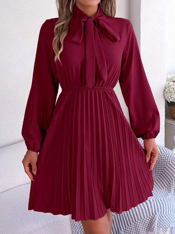 Pleated Dresses- Fall-Winter Solid High Neck Bishop Sleeve Pleated Dress- - IndioGear Fashion and Gear