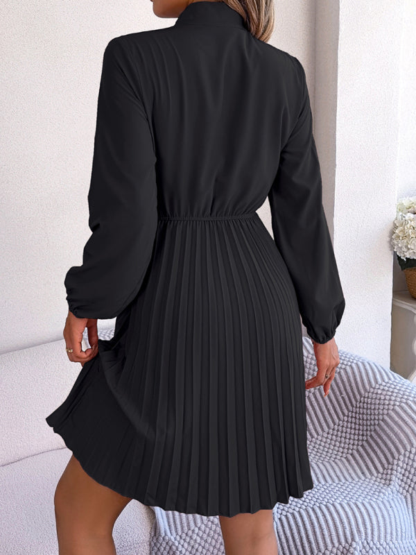 Pleated Dresses- Fall-Winter Solid High Neck Bishop Sleeve Pleated Dress- - IndioGear Fashion and Gear