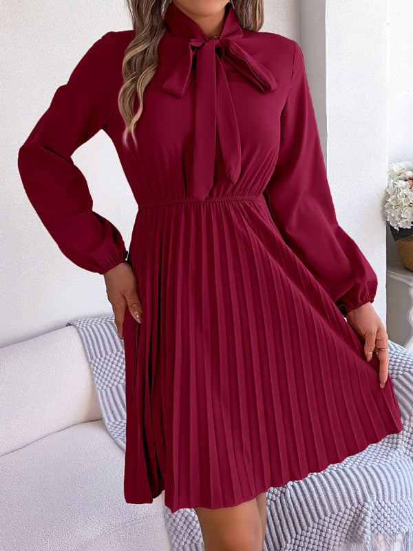 Pleated Dresses- Fall-Winter Solid High Neck Bishop Sleeve Pleated Dress- - IndioGear Fashion and Gear