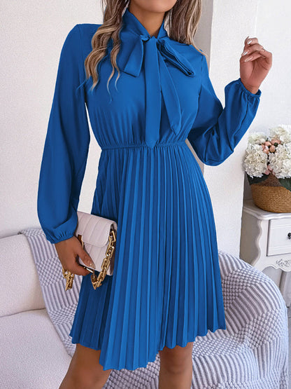 Pleated Dresses- Fall-Winter Solid High Neck Bishop Sleeve Pleated Dress- - IndioGear Fashion and Gear