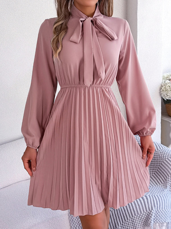 Pleated Dresses- Fall-Winter Solid High Neck Bishop Sleeve Pleated Dress- Pink- IndioGear Fashion and Gear