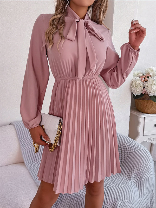 Pleated Dresses- Fall-Winter Solid High Neck Bishop Sleeve Pleated Dress- - IndioGear Fashion and Gear