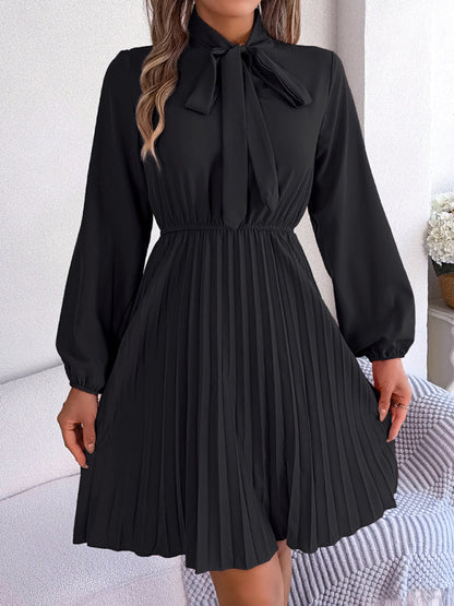 Pleated Dresses- Fall-Winter Solid High Neck Bishop Sleeve Pleated Dress- Black- IndioGear Fashion and Gear